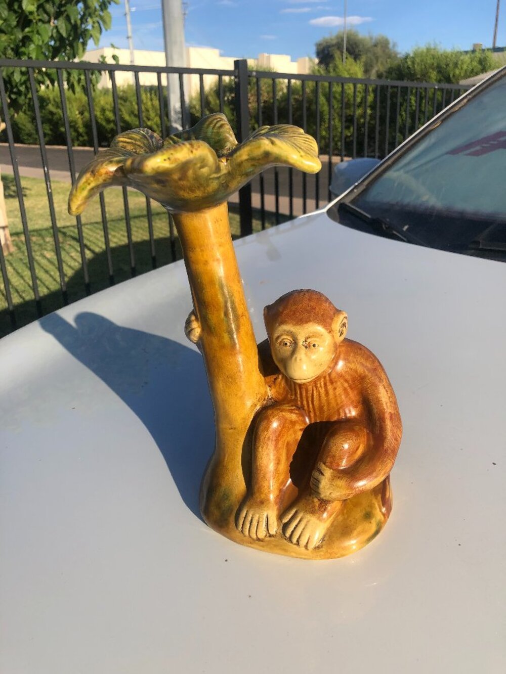 Majolica Ceramic Monkey Palm Tree Figurine Candlestick Holder Whimsical Tropical